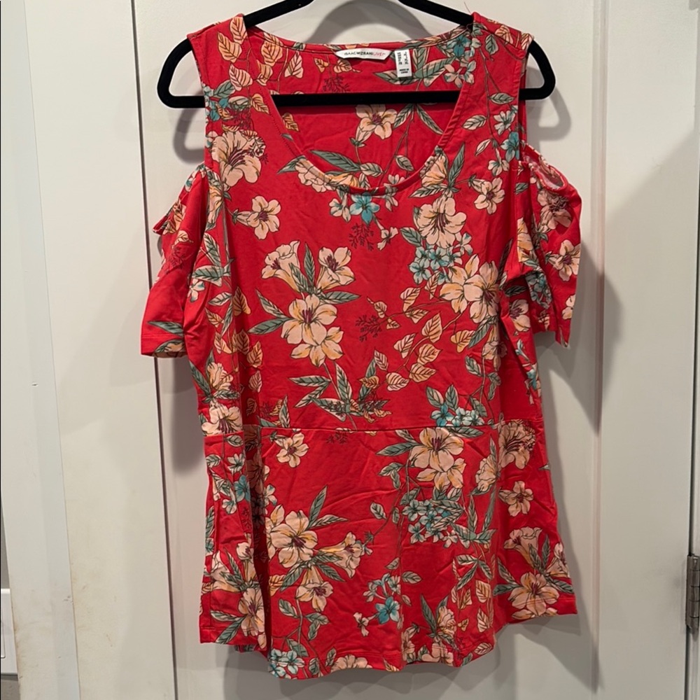 Floral Red Cold Shoulder Top